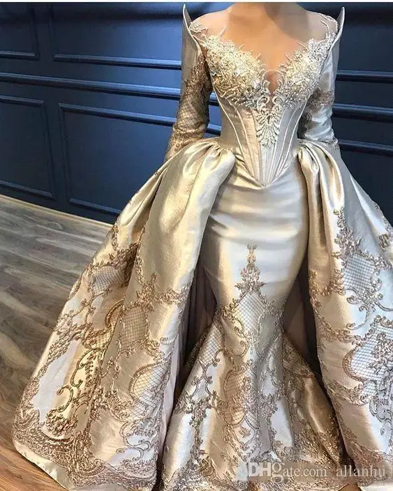 Роскошное кружевное свадебное платье русалки со съемной юбкой винтажное эластичный длинный рукав Свадебные платья Robe De Mariee - Цвет: Шампанское