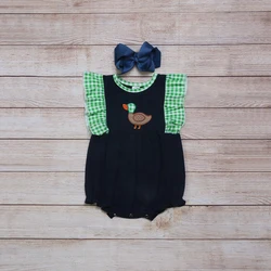 Vêtements d'été pour filles, barboteuse sans manches, bleu marine, vert, Plaid, motif brodé de canard sauvage, pour bébés 