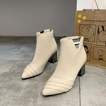 

2020 Fashion High Heels Boots Women Party Shoes Pointed toe Ladies Ankle Boots Brand Woman Square Heel 7cm A2789