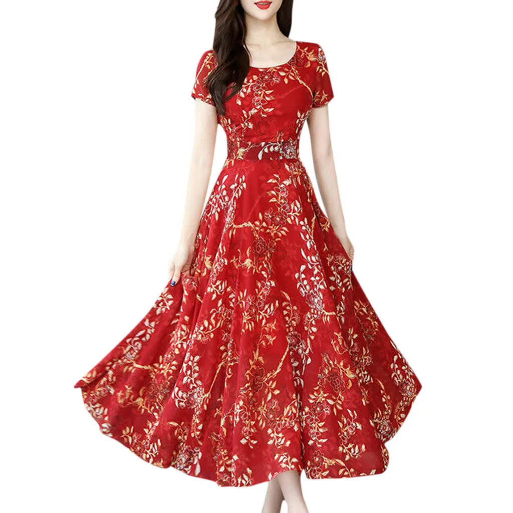 Летнее платье миди женское винтажное платье большого размера с коротким рукавом в богемном стиле повседневное элегантное женское платье с цветочным принтом Vestidos - Цвет: Red