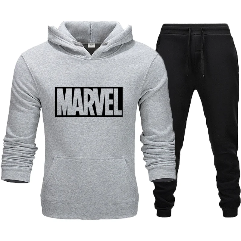 Простой модный мужской костюм с принтом Marvel, спортивный костюм, мужской спортивный костюм, флисовая плотная толстовка с капюшоном+ штаны, спортивный костюм, Азиатский размер - Цвет: gray