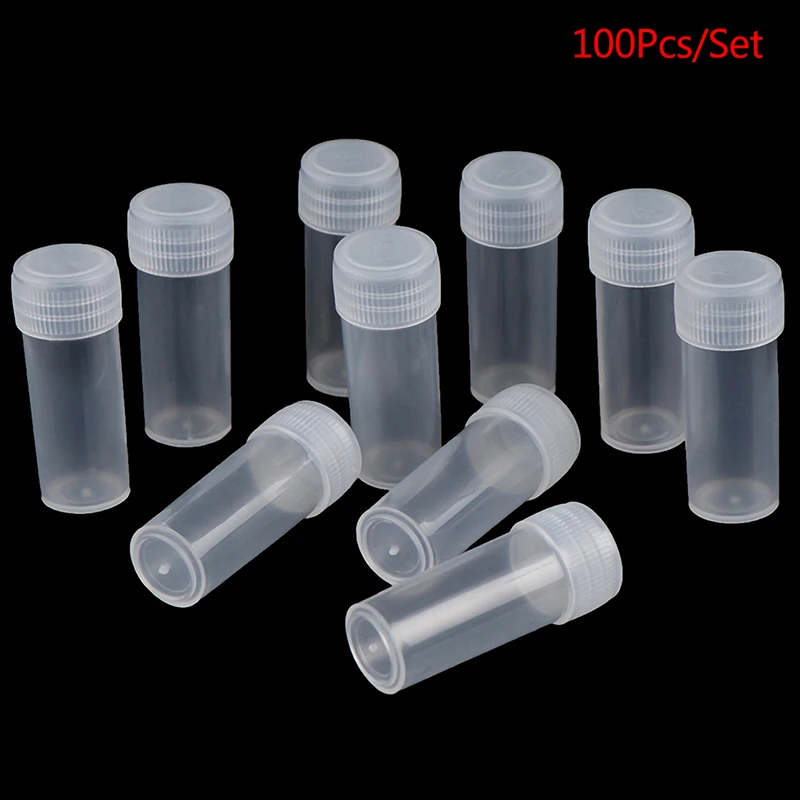 Tubos de ensayo de plástico para el hogar, recipiente de muestra de polvo para manualidades, botellas con tapón de rosca, suministros de química para escuela y oficina, 5ml, 100 Uds.