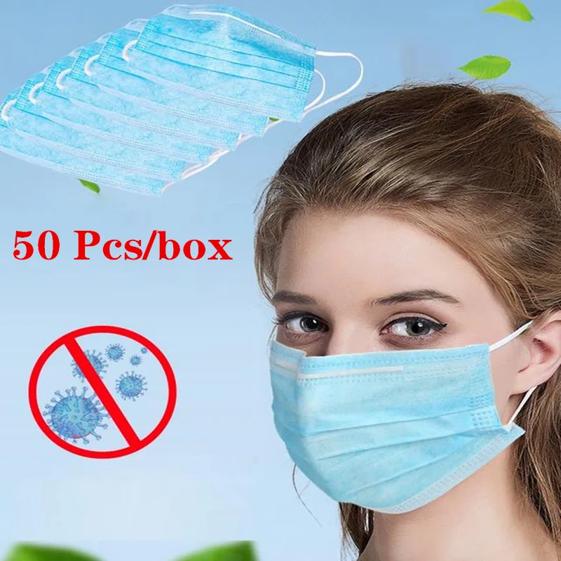 

50 pcs Solid Color Face Mouth Masks Non Woven Disposable Anti-Dust Surgical Medical Earloops Masks
