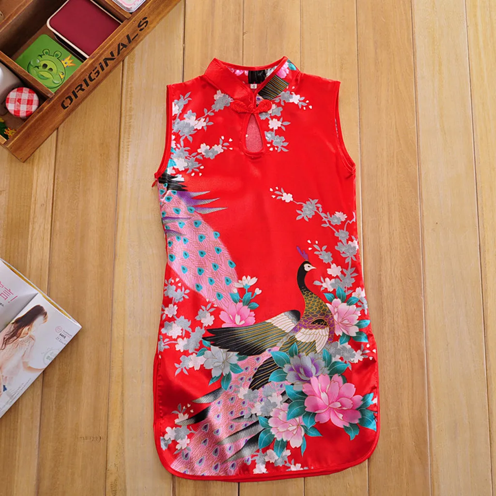 Chinese Qipao Floral Peacock Cheongsam Dress Floral Dress Elegant Toddler Baby Girls Children Clothes Formal Outfits 2-10T #B