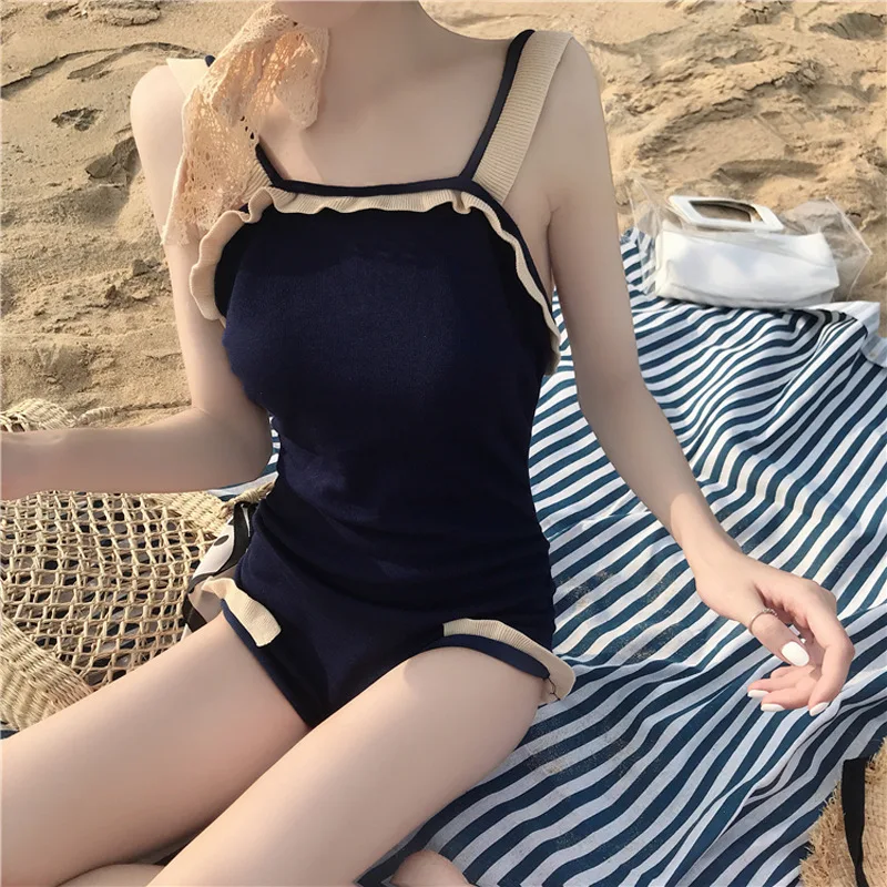 

2021 Korean Camisole One Piece Swimsuit Women Solid Swimwear Sexy Backless Monokini Swim Suit Ruffle Slim Bathing Suit