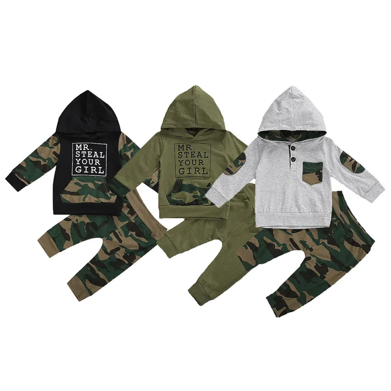 

Spring Autumn Toddlers Clothes Set, Little Boys Simple Letter Pattern Long Sleeve Hooded Top + Personalized Camouflage Printing