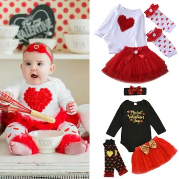

Baby Girls My First Valentine's Day Tops Romper+bow Tutu Skirt Nb-24 Months