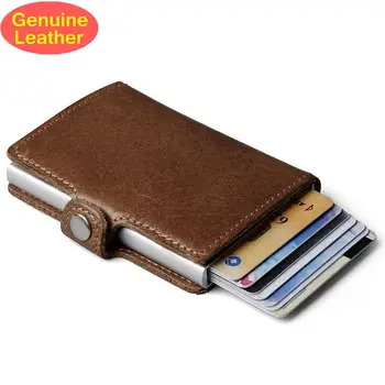 

Genuine Leather Men Aluminum RFID Wallet Vintage Business ID Holder Single Box Mini Magic Wallet Credit Card Holder