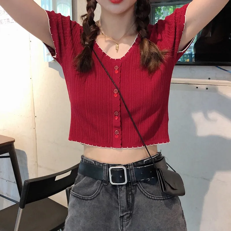 

Summer Sexy V-neck T shirt Solid Color Knitted Tops Preppy Style Slim Tee T-Shirt 3Colors