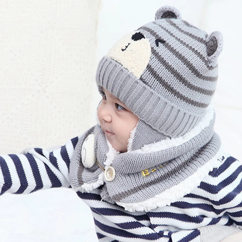 Loozykit 2 pcs Warm Hat Suit Baby Boy Girls Thermal Knitted Cartoon Bear Hat Scarf Toddler Winter Fleece Cap Set