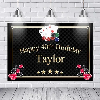 

Casino Las Vegas Card Party Backgrounds for Photo Studio Black Gold Frame Text Happy 40th Birthday Backdrop 7x5ft Vinyl