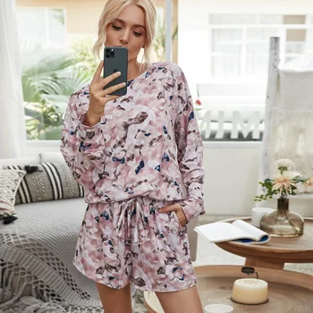 

Women Two Pieces Sets Long Sleeves + Shorts, Pajama Sets, Chic Print Elastic Waist Drawstring Summer Clothing Homewear Sleepwear