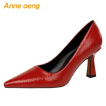 

2020 New Spring Women Pumps 7cm High Block Heel Pointed Toe Shallow Solid Sexy Office Ladies Women Shoes Red Female High Heels