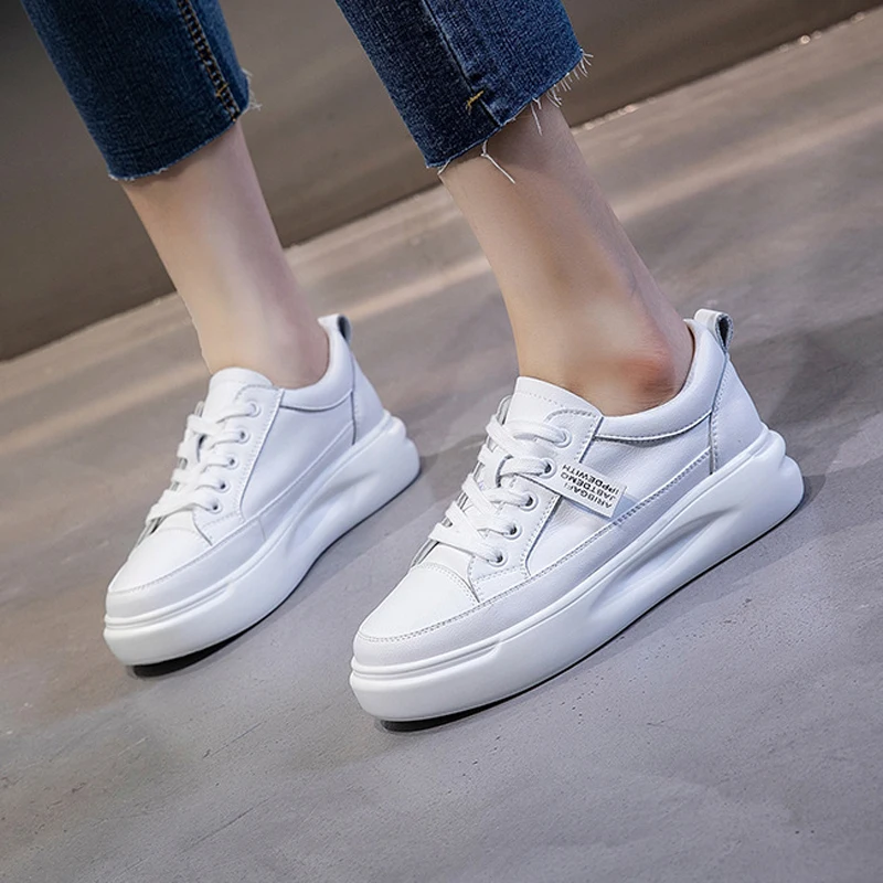 Chunky Sneakers Loafers Shoes White Genuine-Leather Women Female Walking Casual for Flat