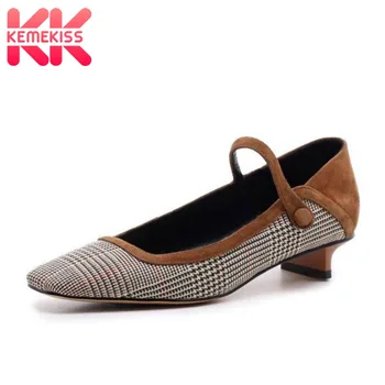 

KemeKiss Women Pumps Real Leather Vintage Plaid Square Toe High Heel Shoes Women Casual Party Strange Heels Footwear Size 33-40