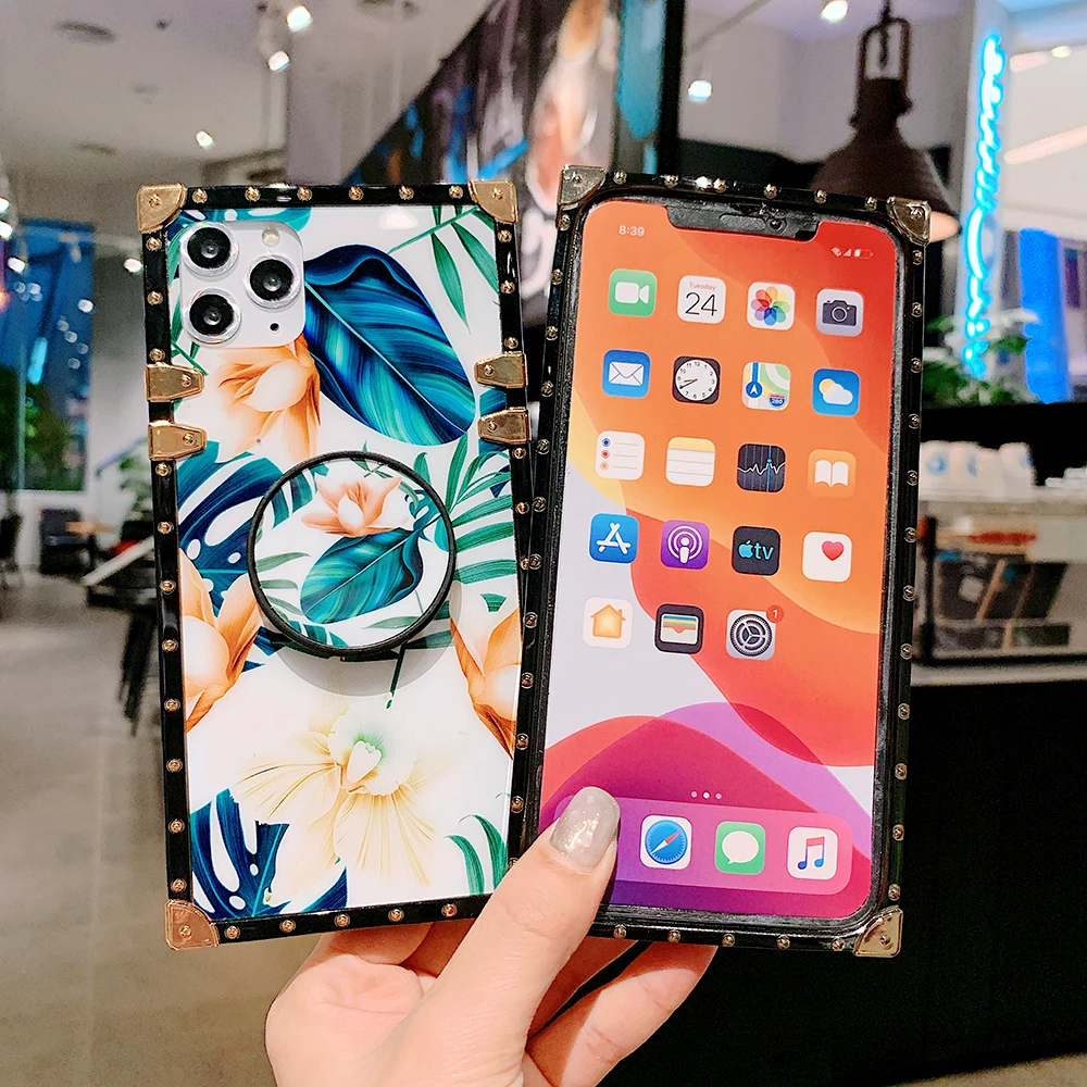 

Anti-fall Square Case For Sumsung S10 Plus S8 Plus S9 Plus Note 8 Note 9 Note 10 Plus Red Lips Leaf Diamond Stand Girly Cover