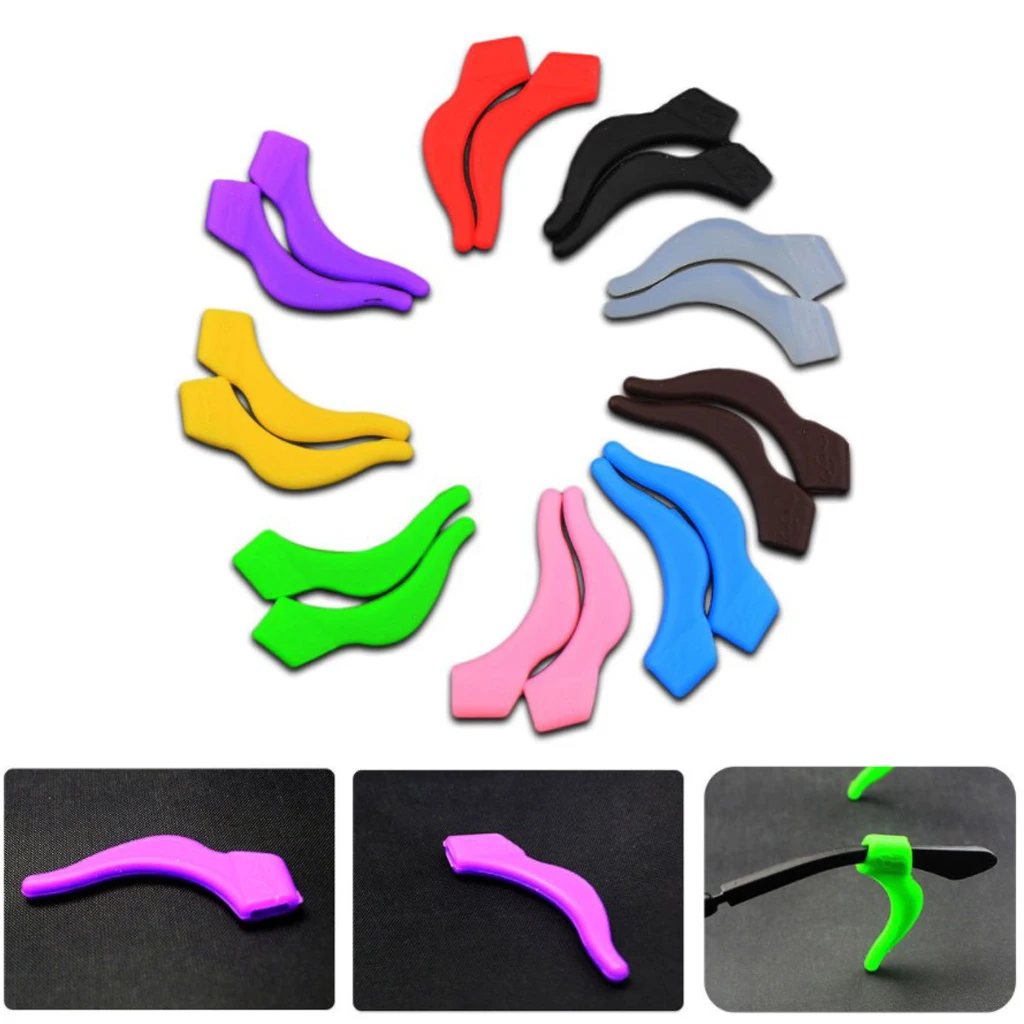 10 Pairs Silicone Eye Glasses Temple Tips Ear Hooks Grip Lock Holder Red Yellow Green Blue Purple Black Brown Pink White