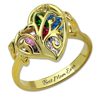 

AILIN Personalized Family Tree Ring Birthstone Gold Color Cage Ring Tree of Life Engraved Rings For Women