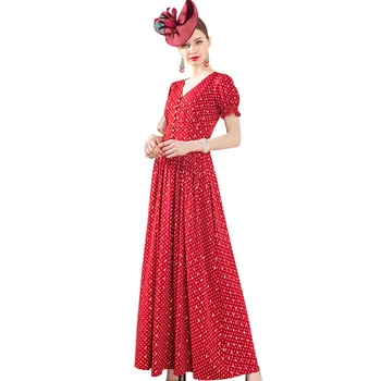 

2020 Summer Chiffon Long Dress Party Evening Dots V Neck Printed Ankle-Length Women Runway Dress Vintage Red Dress DZ2438