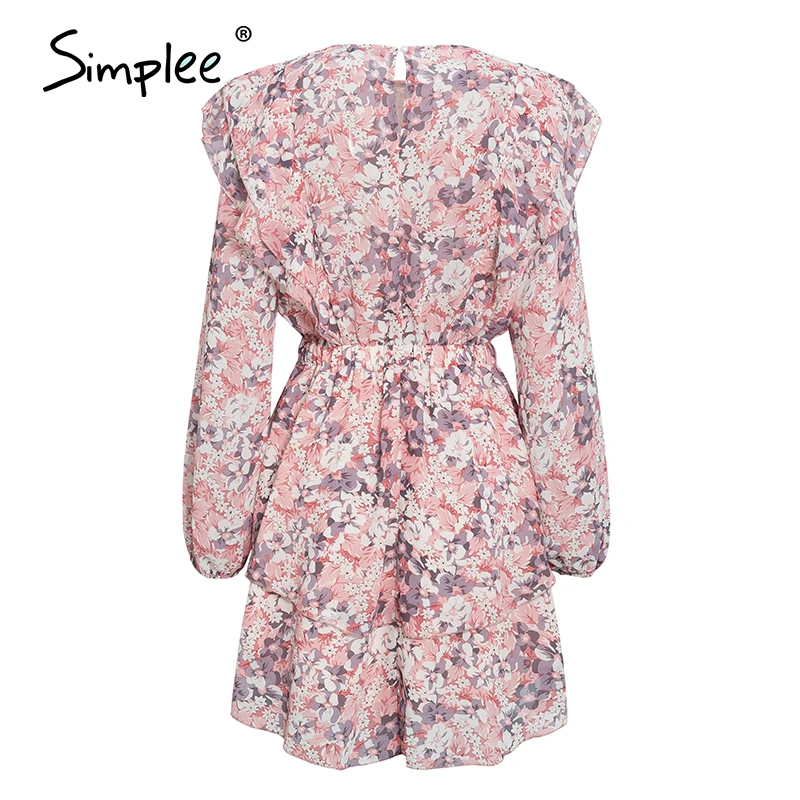 Simplee women floral print dress Elegant puff sleeve a-line chiffon sash dress High waist work wear office lady pink dress 2020