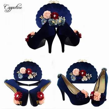 

Amazing Dark Blue With Flower High Heel Wedding/party Shoes And Purse Bag BL002 Heel Height 11CM