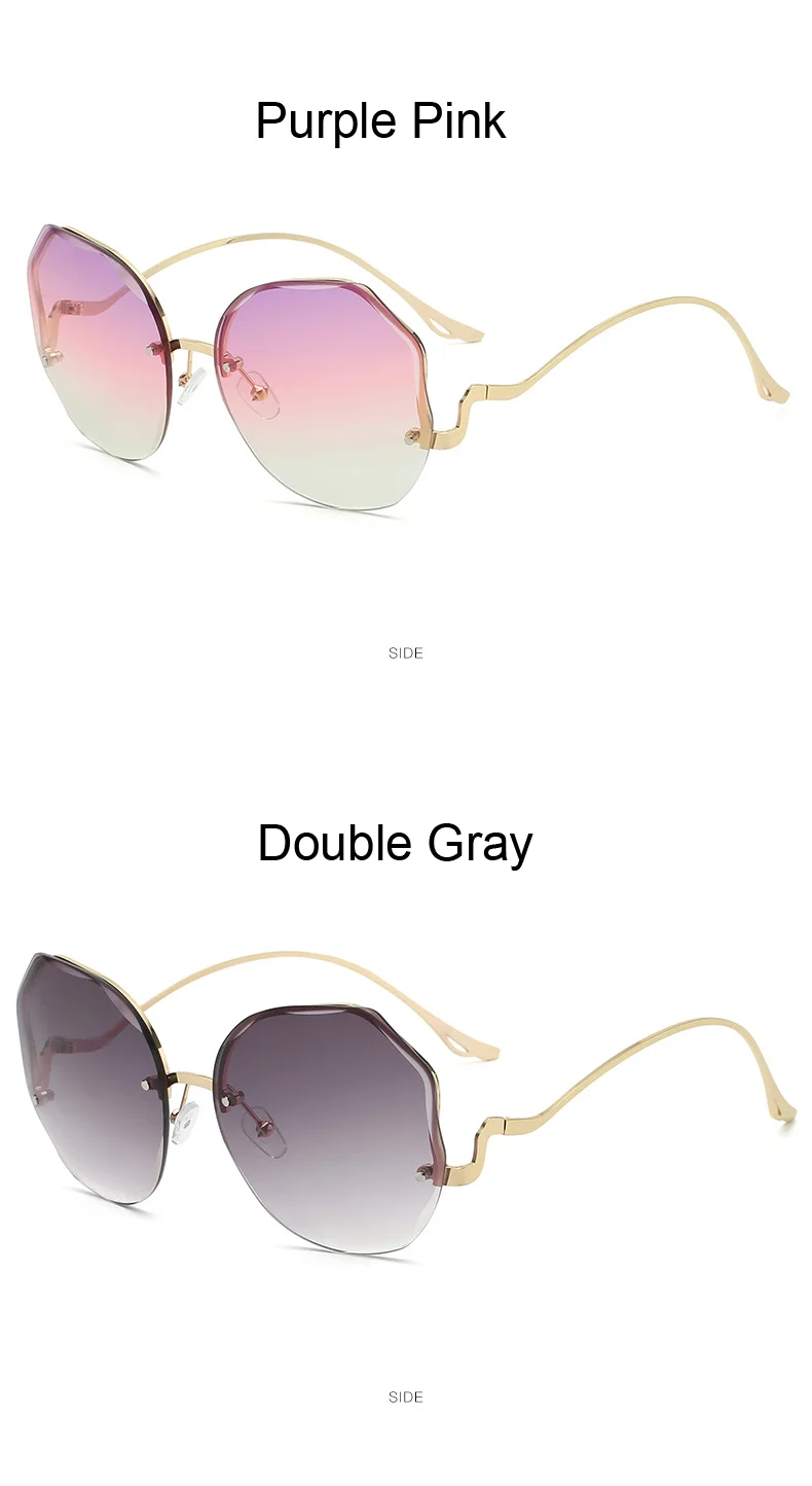 Irregular Round Sunglasses Women Brand Designer Gradient Fashion Sun Glasses Female Rimless Metal Curved Temples Oculos De Sol big cat eye sunglasses