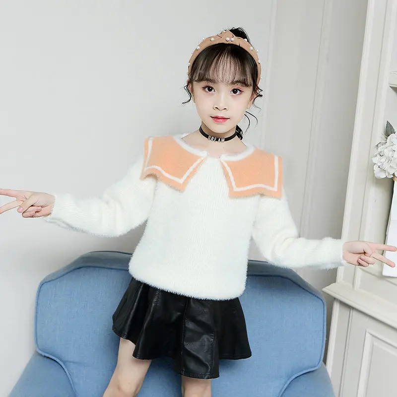 Autumn Winter Girls Cashmere Wool Sweater Female Children's Worsted Wool Sweater Kids Crew Neck Knit Top Orange Green Beige - Color: Beige