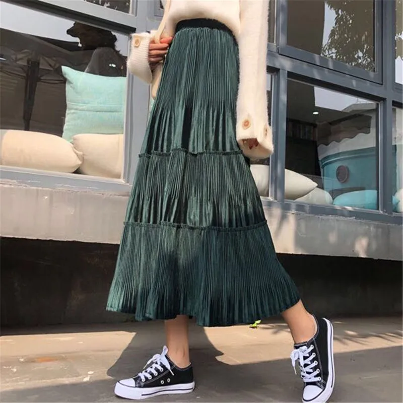 

Women Skirt Velvet Pleated Skirt High Waist Green Gray Beige Black Elegant Midi Skirt Spring Autumn Winter faldas femme jupes