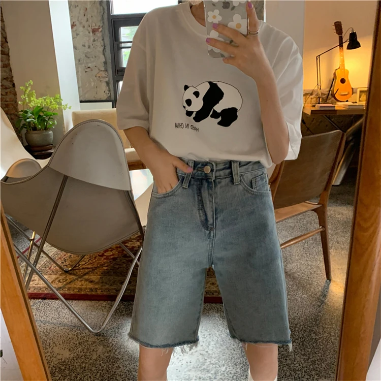 Pengpious summer new loose denim shorts frayed hem high waist for school girls sweet short jeans