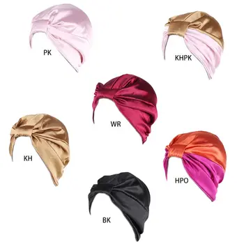 

Womens Double Layer Satin Headwrap Chemo Cap Contrast Color Pleated Knotted Front Beanie Hair Loss Bonnet Elastic Sleep Hat