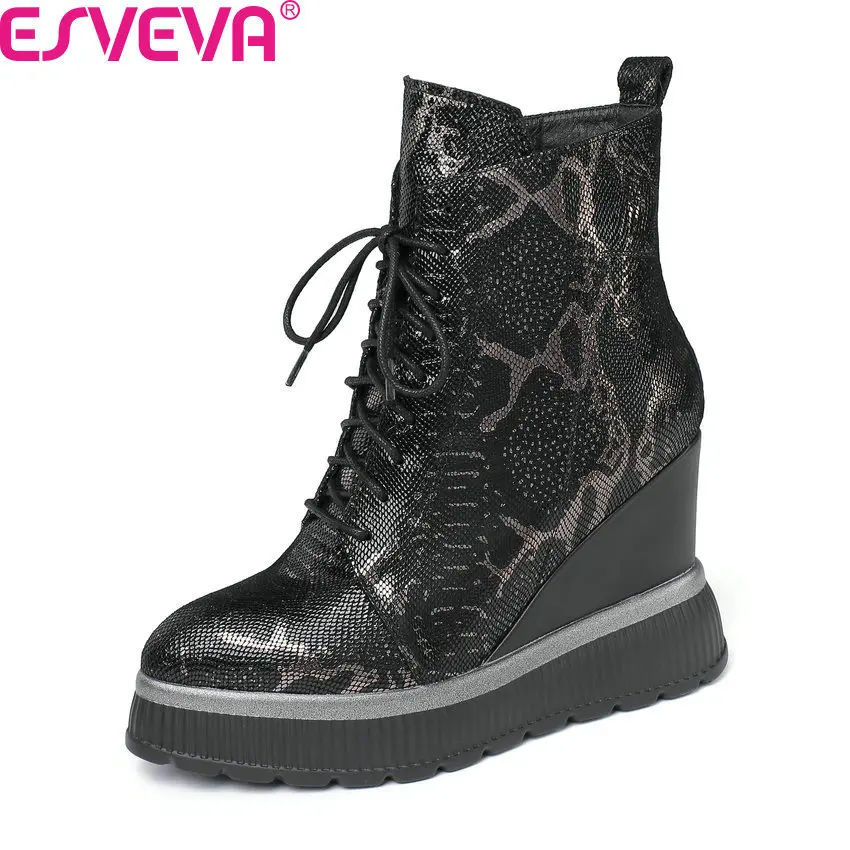 

ESVEVA 2020 Sheepskin Fashion Wedges Lace Up Zipper Ankle Boots Sexy Pointed Toe Platform Autumn Winter Women Shoes Size 34-42