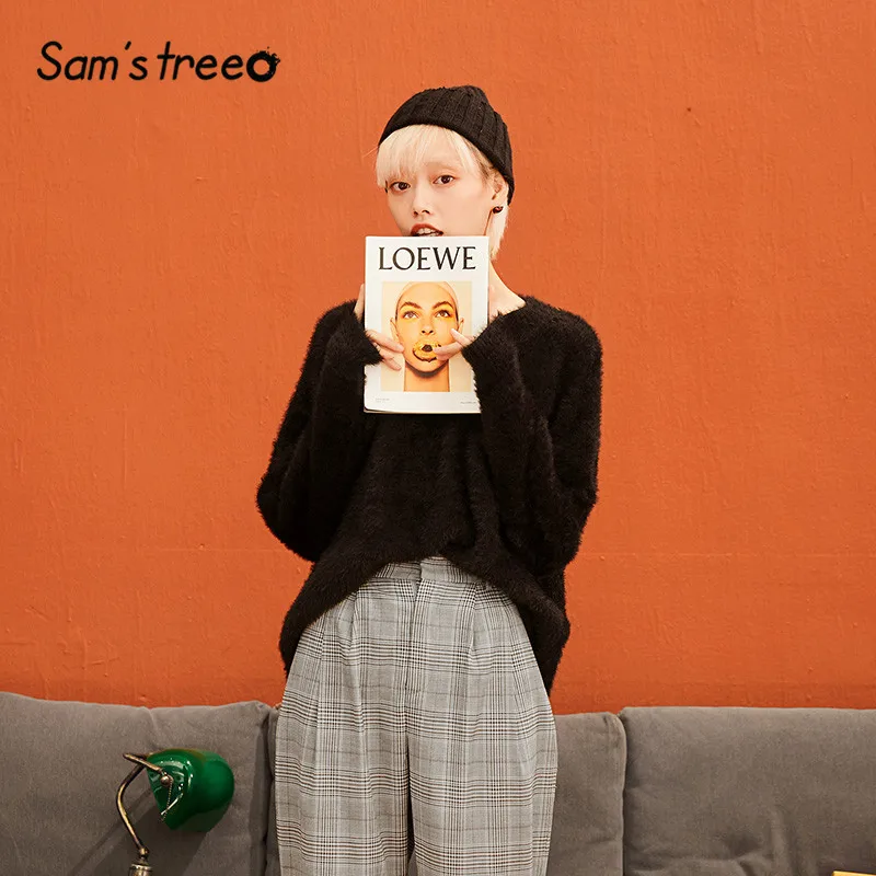 SAM'S TREE, черный однотонный пуловер с цветочной вышивкой сзади, женские свитера, зима, высокая низкая пуховая Офисная Женская верхняя одежда