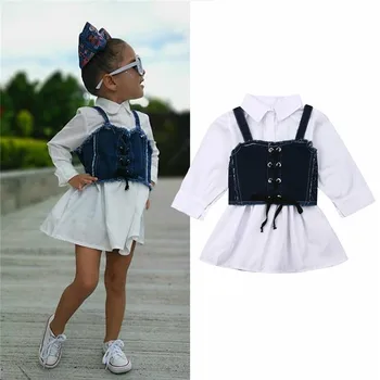 

1-6Y Toddler Kid Baby Girl Dress + Vest Summer Fashion Long Sleeve Tops Dresses Sling Denim Vest Outfits Girl Clothes 2Pcs Set
