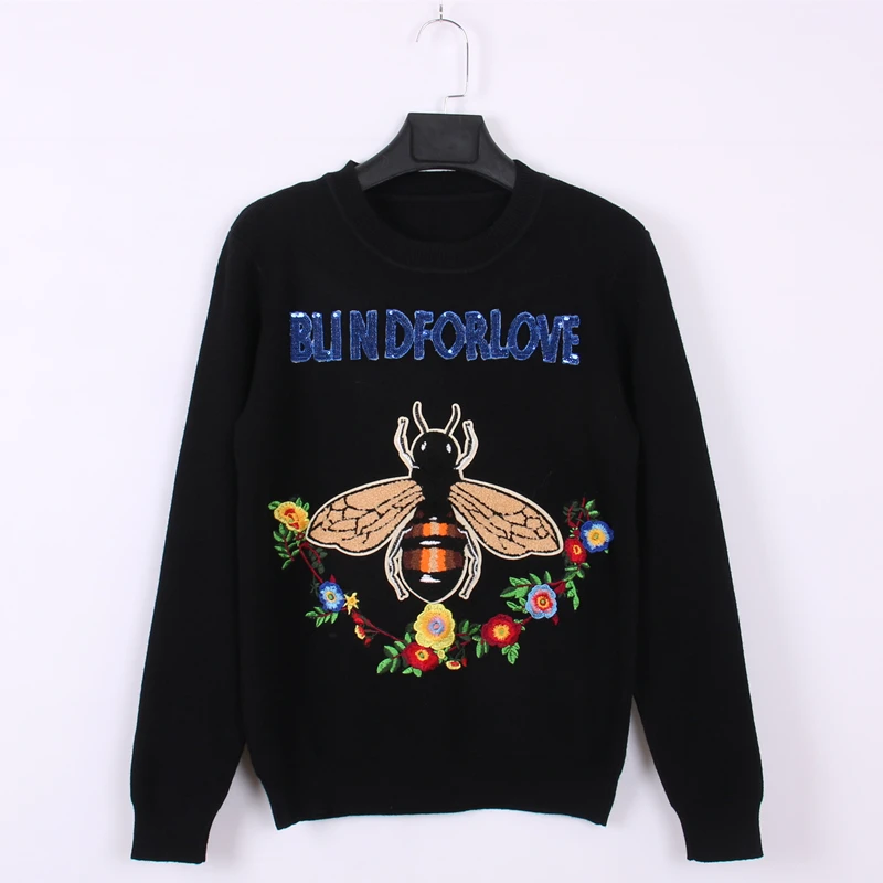 Runway Knitting Women Sweater Bee Embroidery Floral Knitted Sequin Beading Letters Top Pullover Female Autumn Winter Jumper Chic | Женская