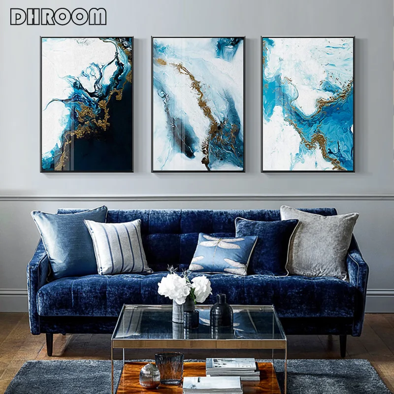 

Nordic Abstract Wall Art Blue Golden Canvas Painting Poster and Print Modern Style Decoration Pictures for Living Room Bedroom