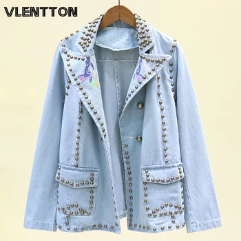 

2020 Spring Autumn Vintage Heavy Embroidery Rivet Denim Jacket Coat Women Casual Loose Jeans Jackets Ladies Solid Tops Female