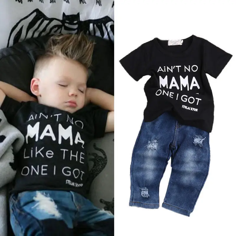 Одежда для новорожденных; одежда для малышей; крутая Одежда для маленьких мальчиков; детская футболка; Топ; футболка+ рваные джинсы; комплект одежды из джинсовых штанов