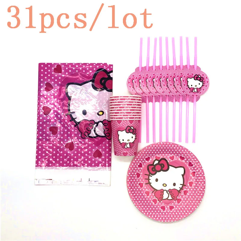 Горячая Распродажа 61 шт./31 шт. чудесная тема hello kitty для девочек на день рождения свадебные гибкие соломинки бумажные чашки пластины изделия для декорации