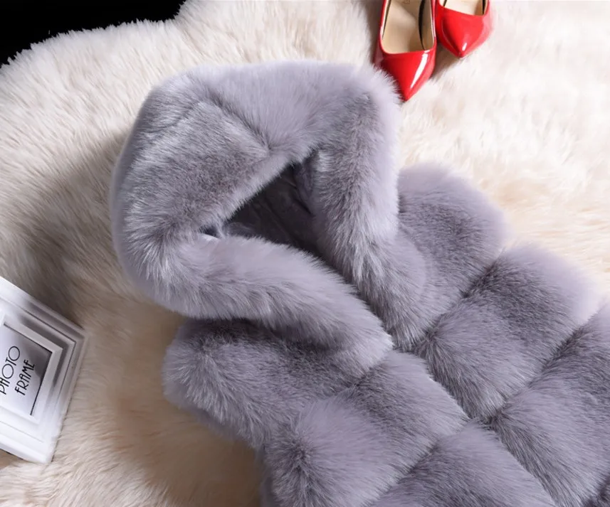 Women Winter Thicken Fluffy Plush Vest Open Front Hooded Mid-Length Waistcoat Oversized Loose Solid Color Jacket Outwear