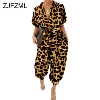 

2020 Summer Women Jumpsuits Short Sleeve Buttons Leopard Street Rompers Sexy Night Club Party Loose Elegant One Piece Bodysuit