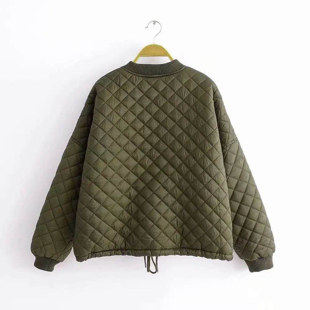 

Europe And America 2019 Autumn And Winter New Style Diamond Lattice Flight Jacket Cotton-padded Clothes Casual Long Sleeve Hem D