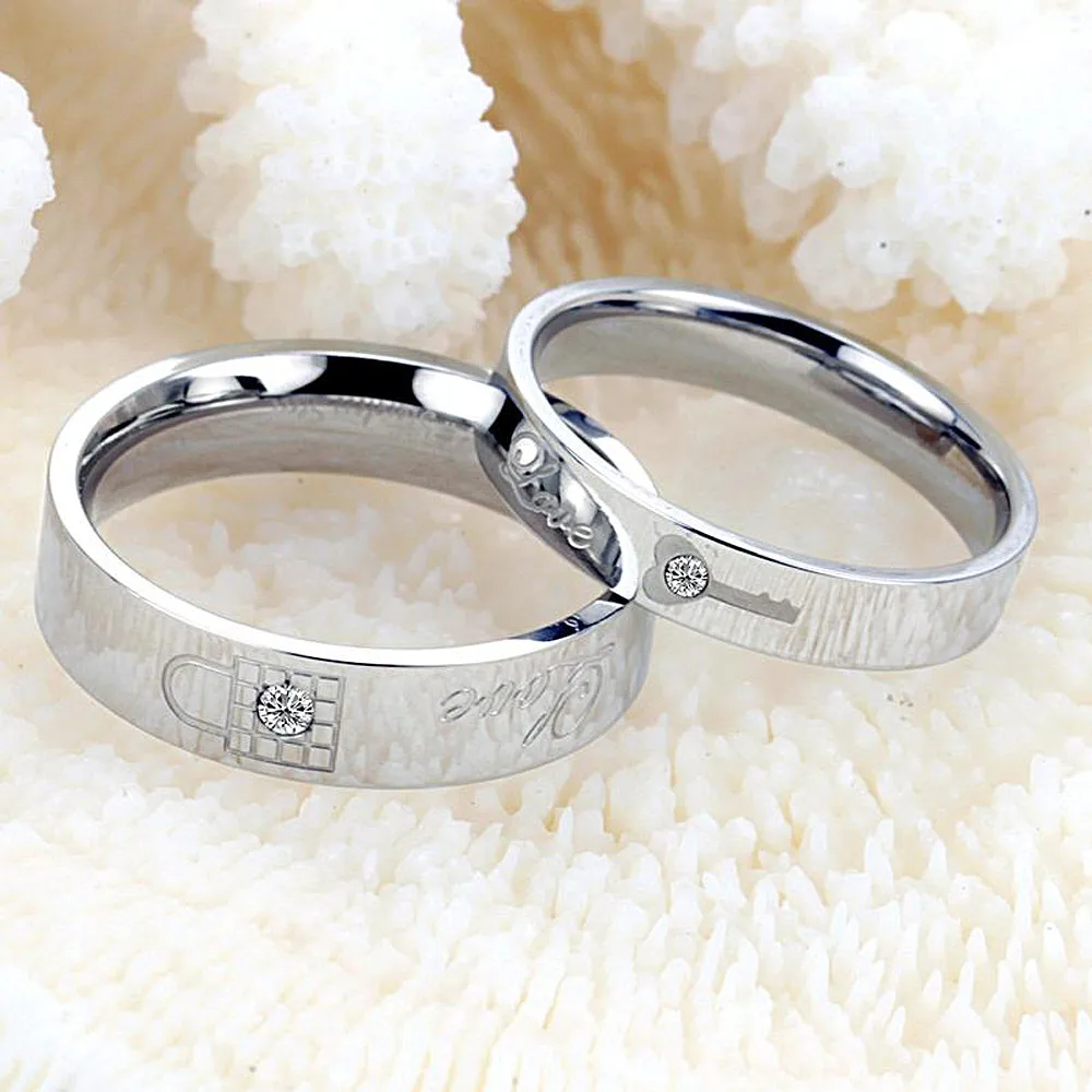 

316L Stainless Steel Crystal Drill Silver Color Letters Pattern Invisible Mosaic Type Rings Anniversary Jewelry Gift Couple Ring