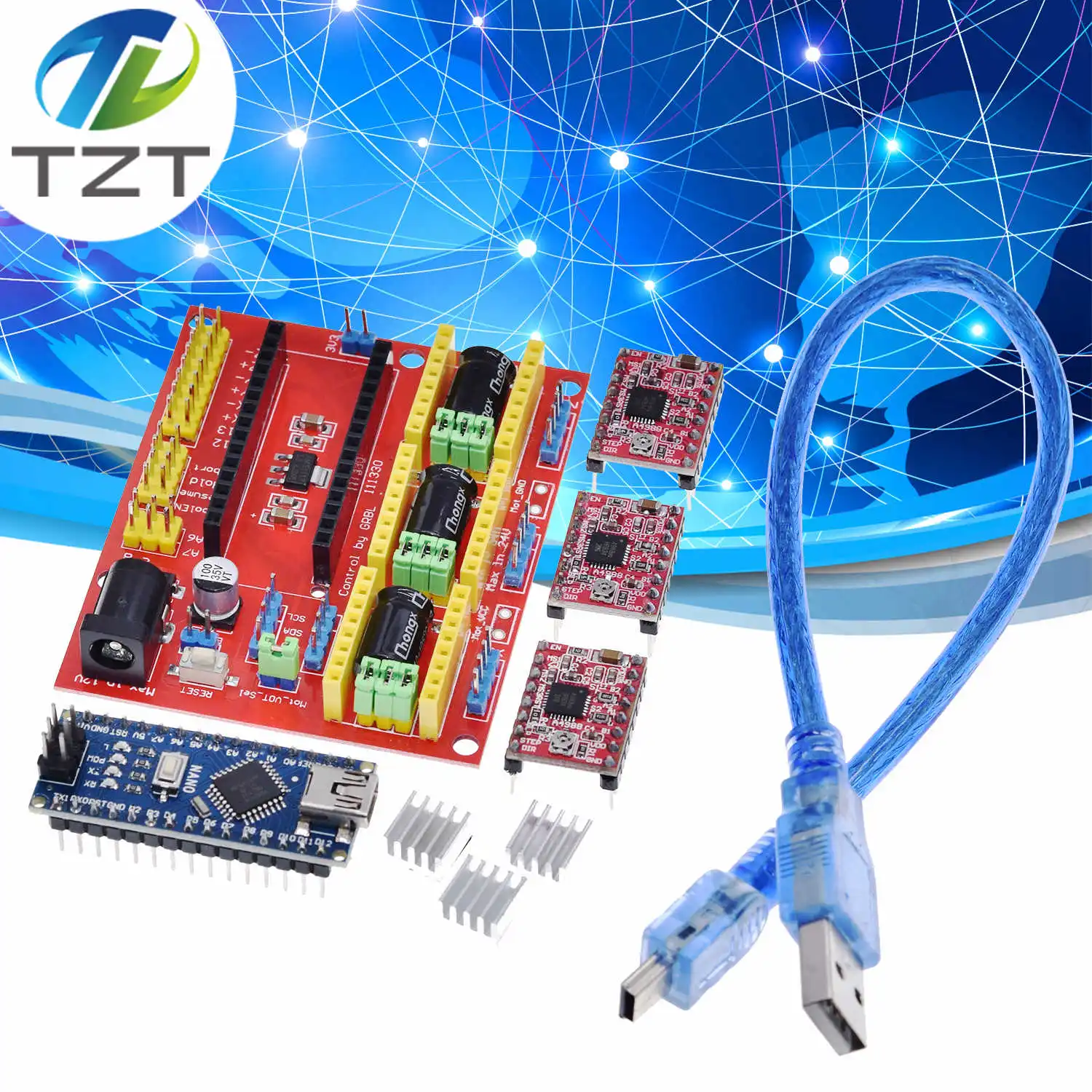 

TZT 3DV4 CNC Shield V4 + Nano 3.0 + 3pcs DRV8825 Reprap Stepper Drivers Set For Arduino