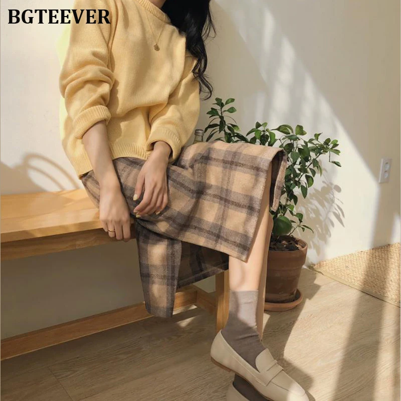 Cheap BGTEEVER Vintage Long Plaid Skirt Women Autumn Winter High Waist Straight Ladies Skirt Elegant Thick Female Bottom Skirts 2019