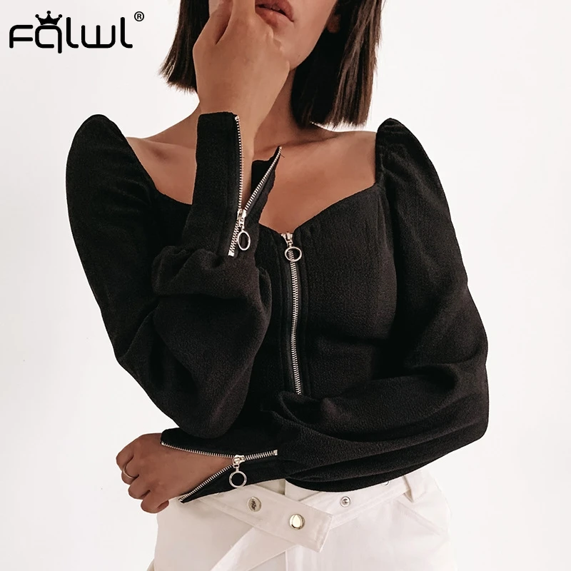 

FQLWL Autumn Black T Shirt Women Sexy Shirt Zipper Puff Sleeve Crop Top Female Vintage T-Shirt Women Pulovers Ladies Tee Shirt