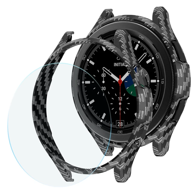 Glass+Case for Samsung Galaxy Watch 4 Classic 42mm 46mm,PC Matte Cover All-Around Protective Bumper Shell for Galaxy Watch4 Carbon Black