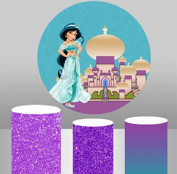 

Round background circle backdrop princess castal girl birthday Party decoration purple glitter table Cover plinth covers YY-408