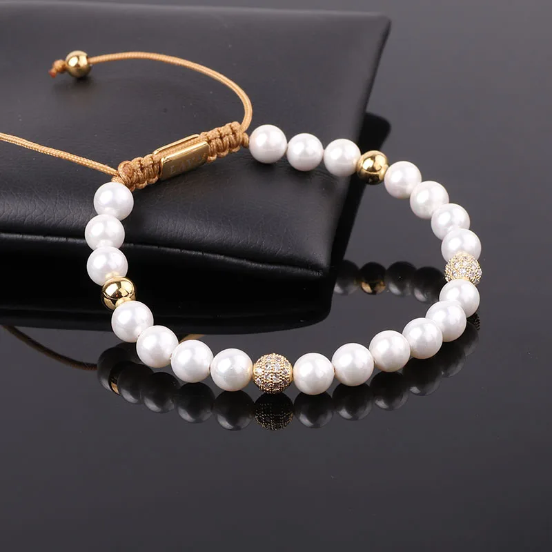 New Design High Quality Shell Pearl Beaded CZ Pave Ball Adjustable Macrame Bracelet Women - Image 2