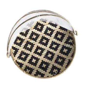 

Hand-woven Bamboo Woven Mosquito-proof Dustpan Black Pattern Dried Goods Dustpan Desktop Rice Cover Round
