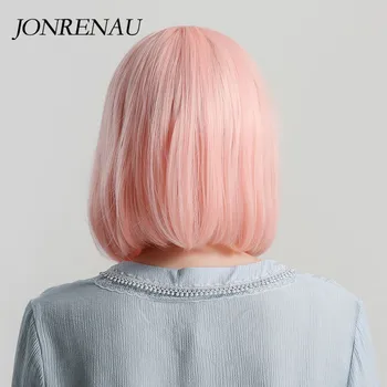 JONRENAU 12 inches  Short Straight Synthetic Bob Wigs with Bangs  for Women Fashion Pink Party Wig or Cosplay 4